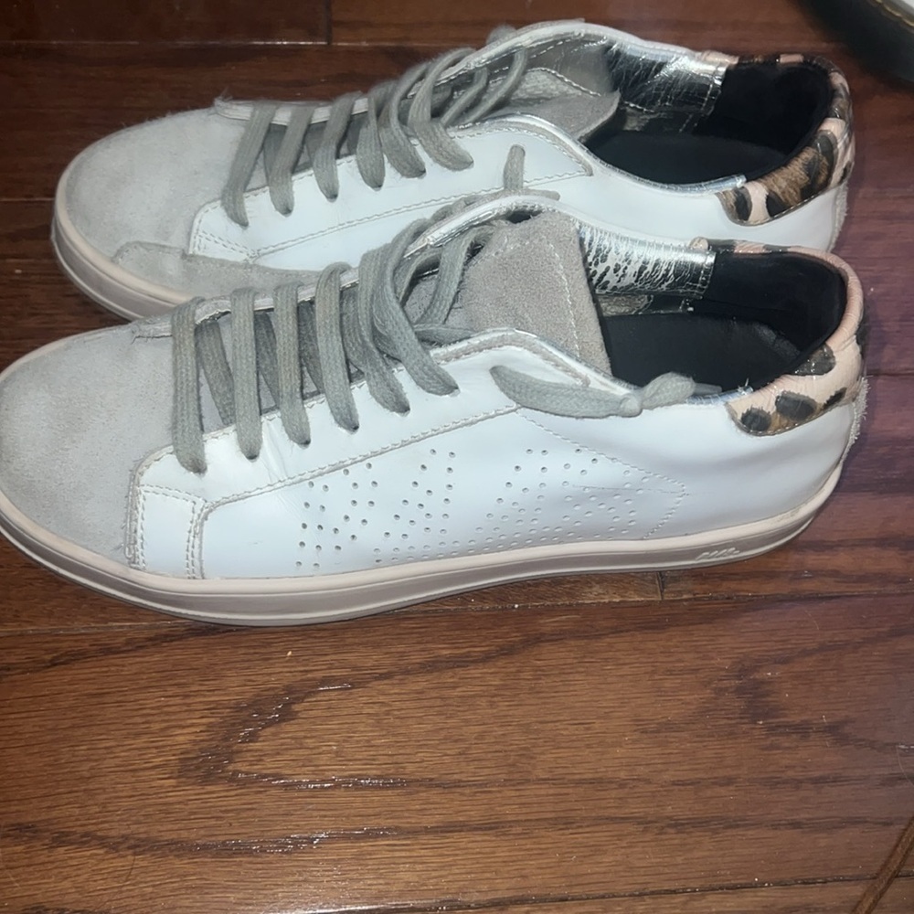 Women’s P448 Leather Luxury Low Top Sneakers with Leopard and Silver Accents